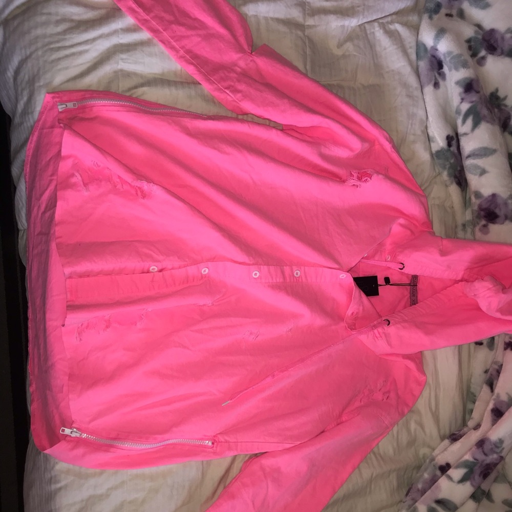 Oversized neon pink button down w hood